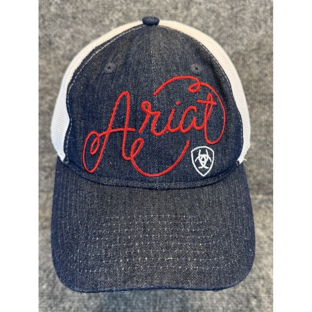 Ariat Denim Mesh Trucker Hat Red Script Logo Adjustable Cap OS